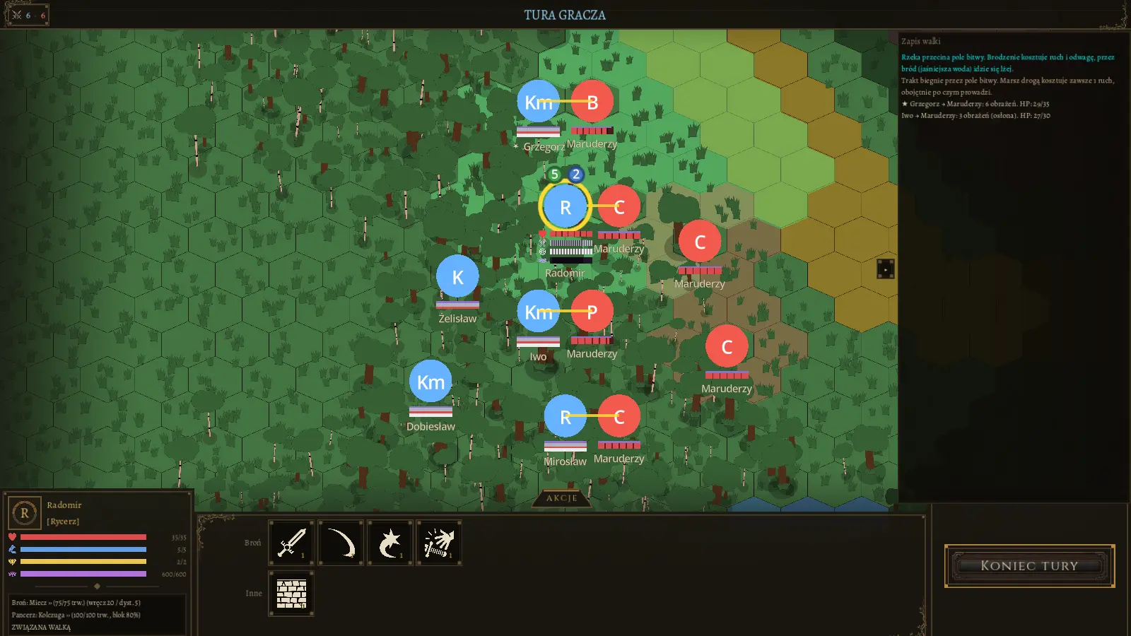 Hex battle in a forest: your men locked in melee with the enemy, a selected knight, the weapon moves bar and the battle log.