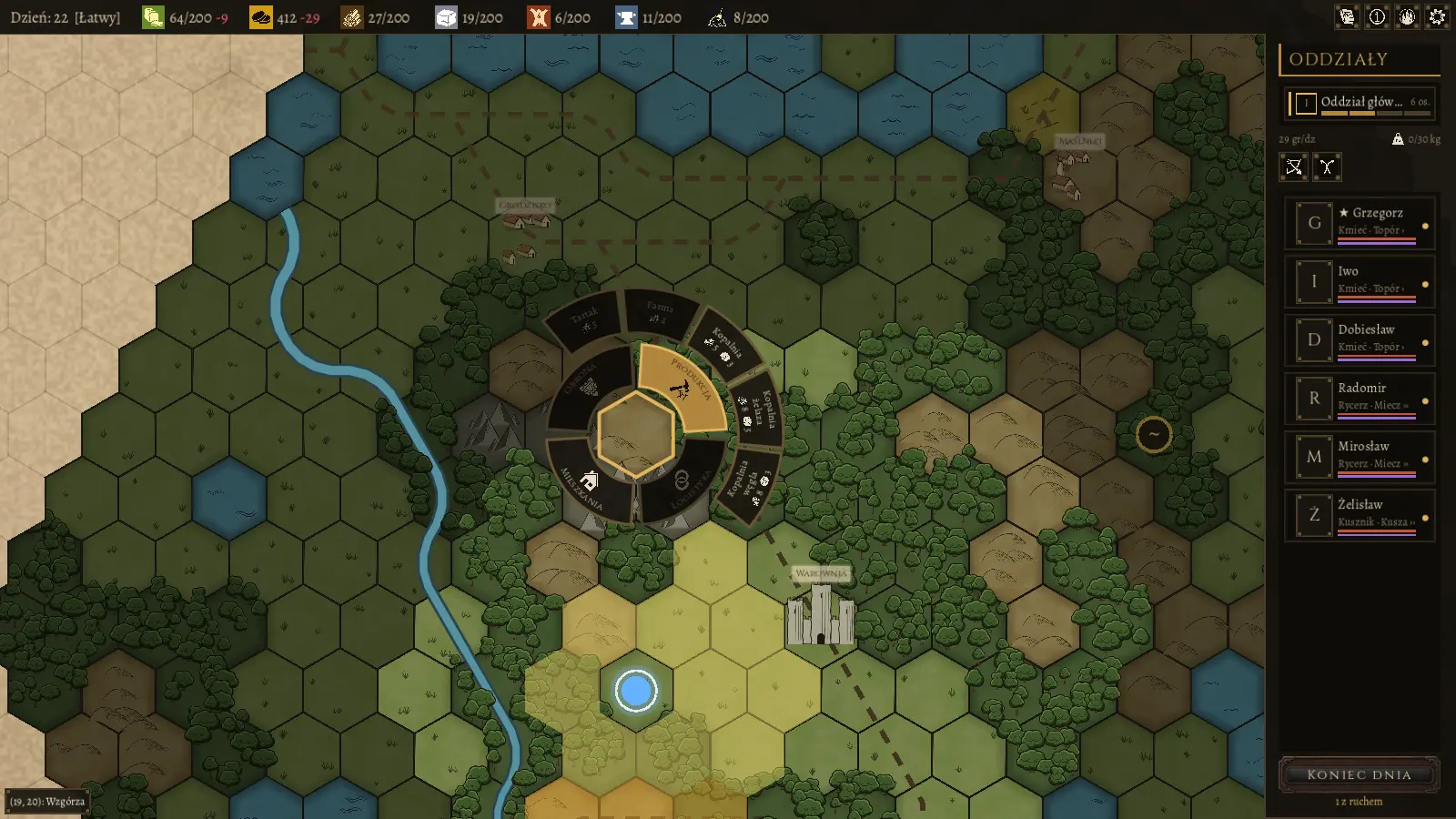 World map with the build wheel open next to the stronghold, the player’s warband, and the warband column on the right.